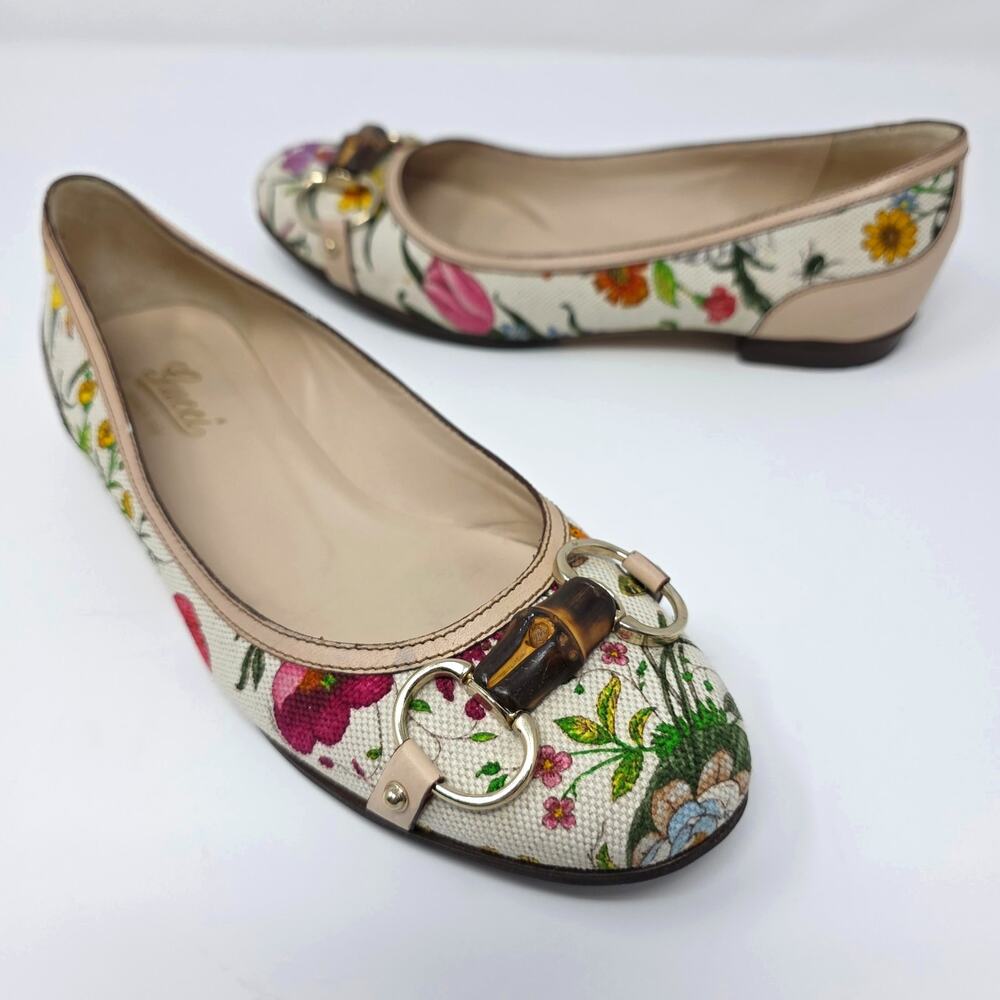 Gucci Vintage Flora Horsebit Bamboo Ballet Flats Floral Canvas Leather IT 36C 6